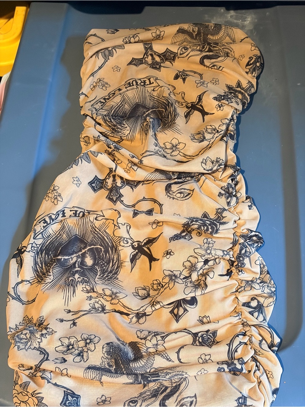Beige Strapless Ruched Dress with Black Floral & Skull Print